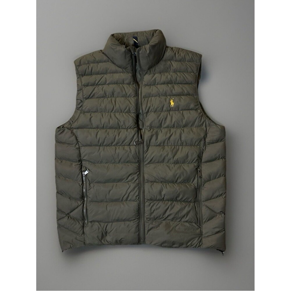 Polo by Ralph Lauren Olive Quilted Puffer Vest with Yellow Polo Emblem